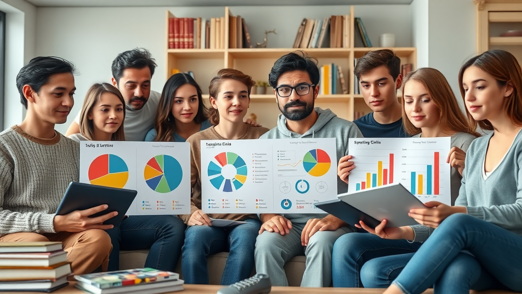 Diverse group of parents and teens in a modern living room, examining pie charts and graphs representing statistics about effective parenting tips for teens.