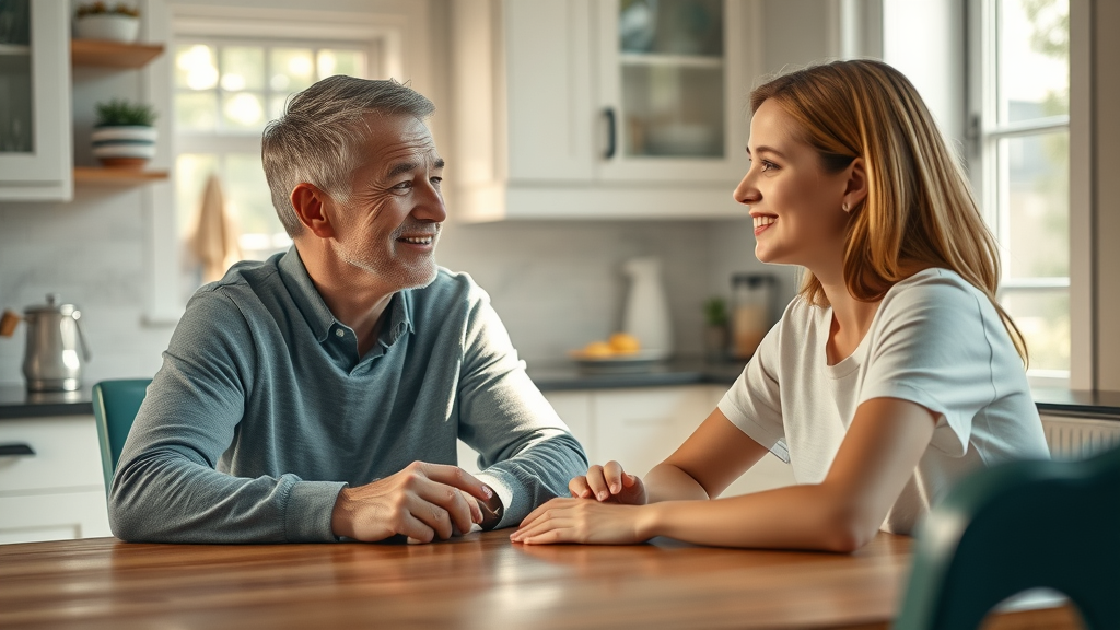 Motivated parent and teenage child sitting at a kitchen table, talking openly and supportively in natural sunlight—a key part of positive parenting tips for teens.