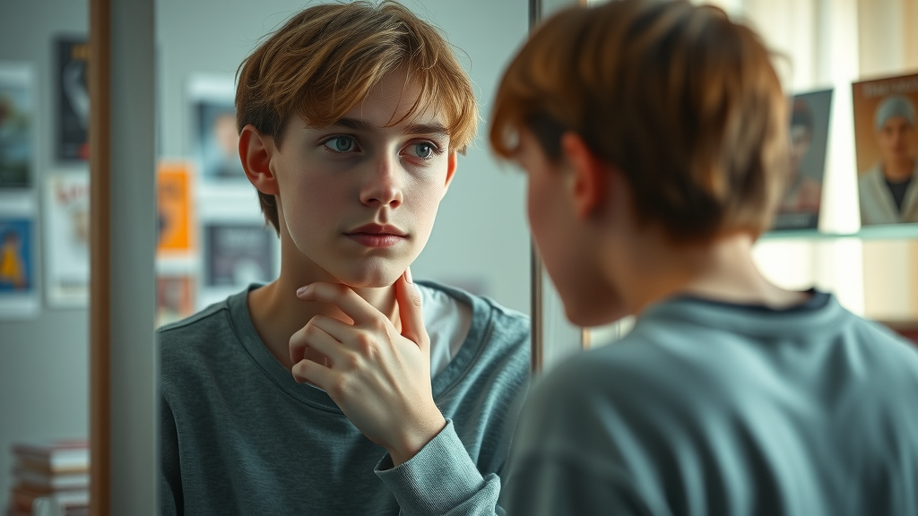 Thoughtful teenager with introspective expression looking in a softly lit bedroom mirror, representing the unique challenges of the teenage years.