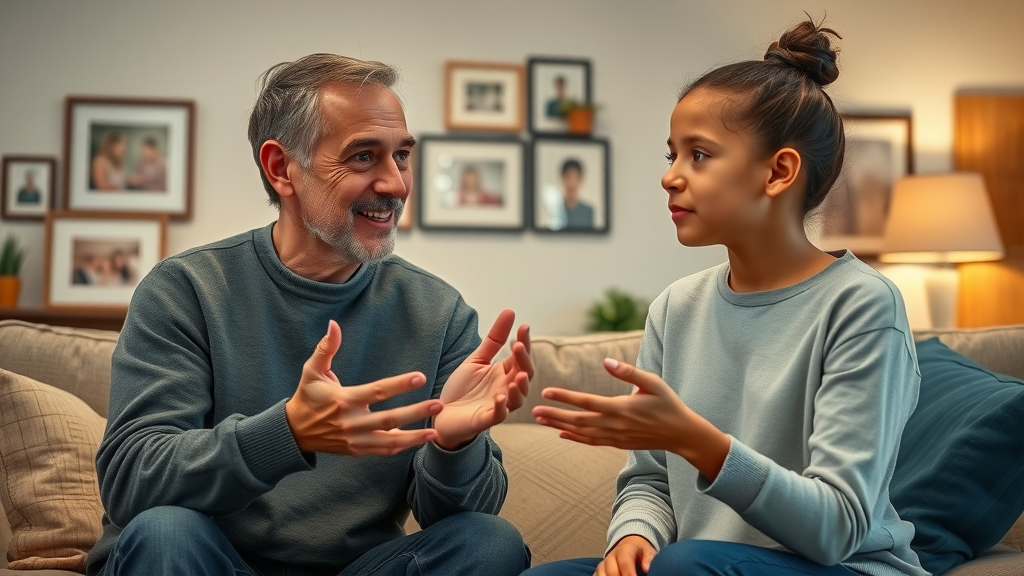 Encouraging adult role model sitting in a family living room, demonstrating patient listening and positive parenting for teens.