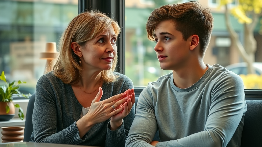 Sympathetic mother listens to her teenage son at a cafe, modeling attentive listening and trust-building in parenting teens.