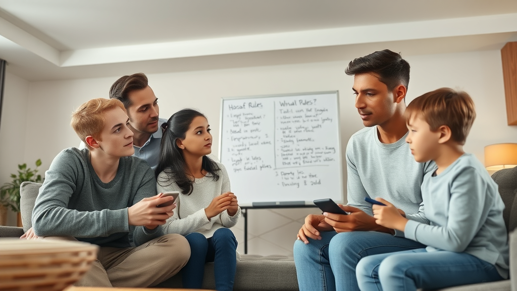 Family discussing house rules together in a modern living room, with a teenage daughter writing on a whiteboard, modeling effective discipline and empathy in parenting.