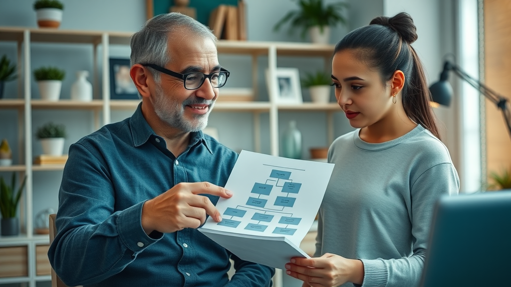 Confident parent guiding teenager in a stylish home office, using a decision tree on a notepad to teach critical thinking and positive decision-making.