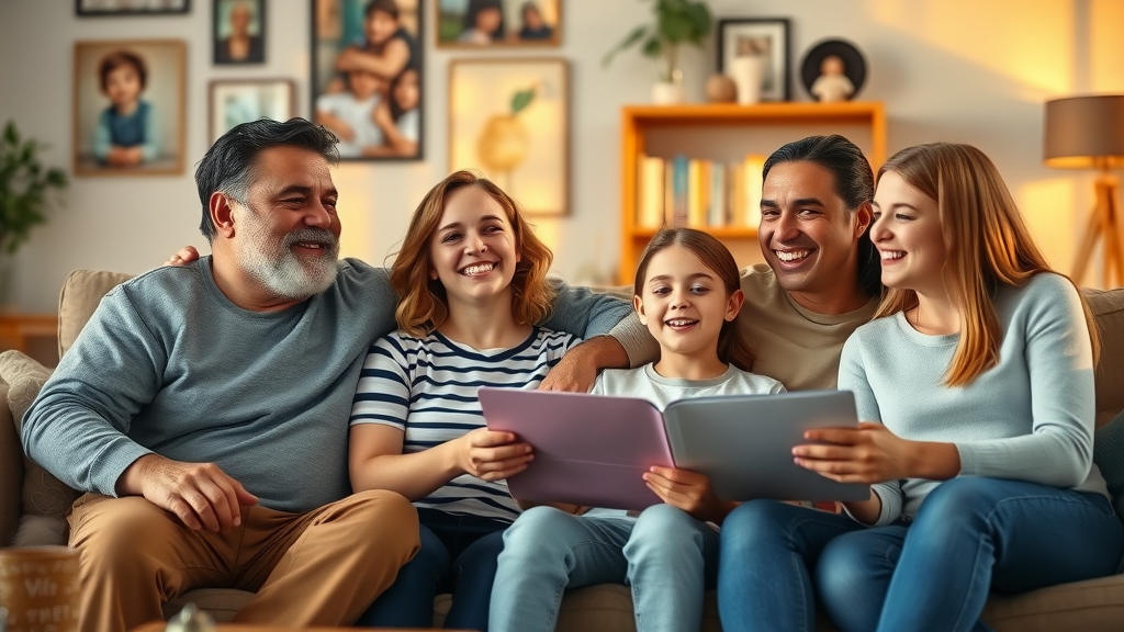 Smiling parents and teens sitting on a couch together in a warmly lit living room, representing positive real-life examples of effective parenting for teenagers.