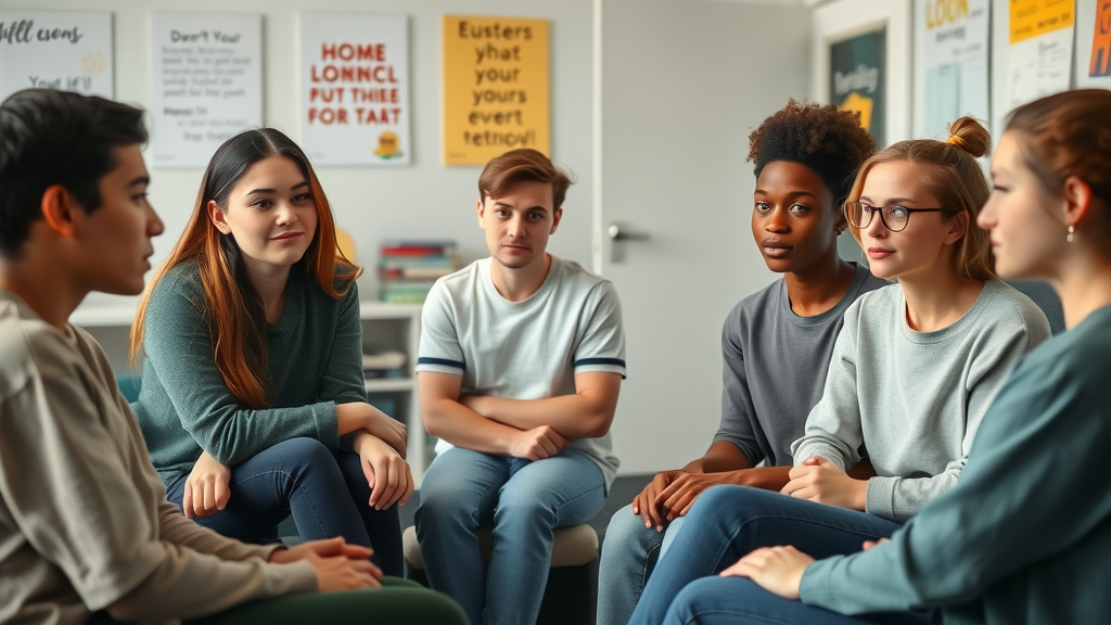 candid group of diverse teenagers seated in a supportive circle, supportive teen mental health conversation, high school counseling room