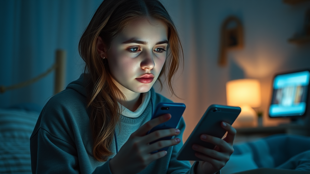 introspective teenage girl, supporting teen mental health social media risks, urban bedroom, subtle anxiety, glowing screens