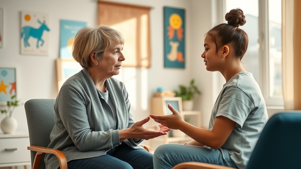 pediatric therapist office, therapist listening to a teen, supporting teen mental health counseling, gentle encouragement