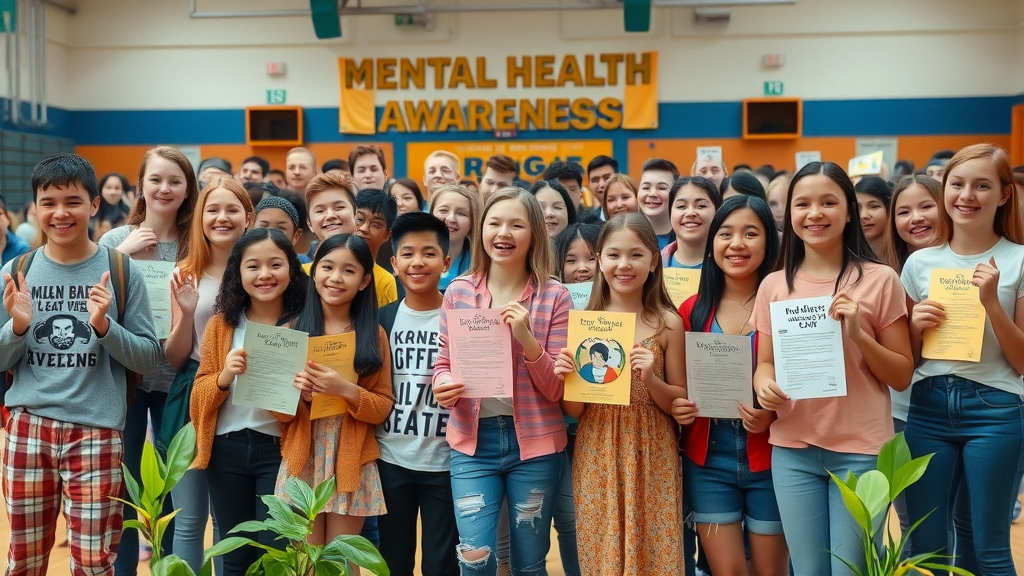 vibrant school assembly for mental health awareness among teens, supporting teen mental health, hopeful expressions