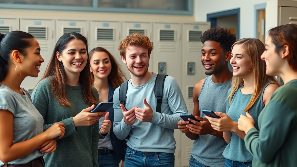 Engaged multicultural group of teenagers discussing adolescent psychology in a high school common area