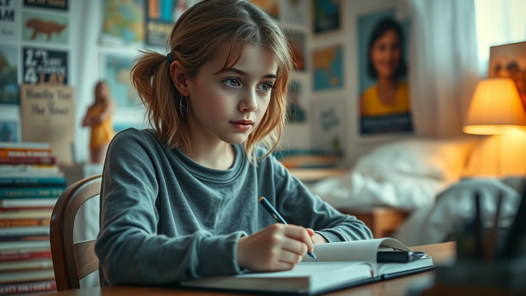 Thoughtful female adolescent exploring adolescent psychology, writing in a journal