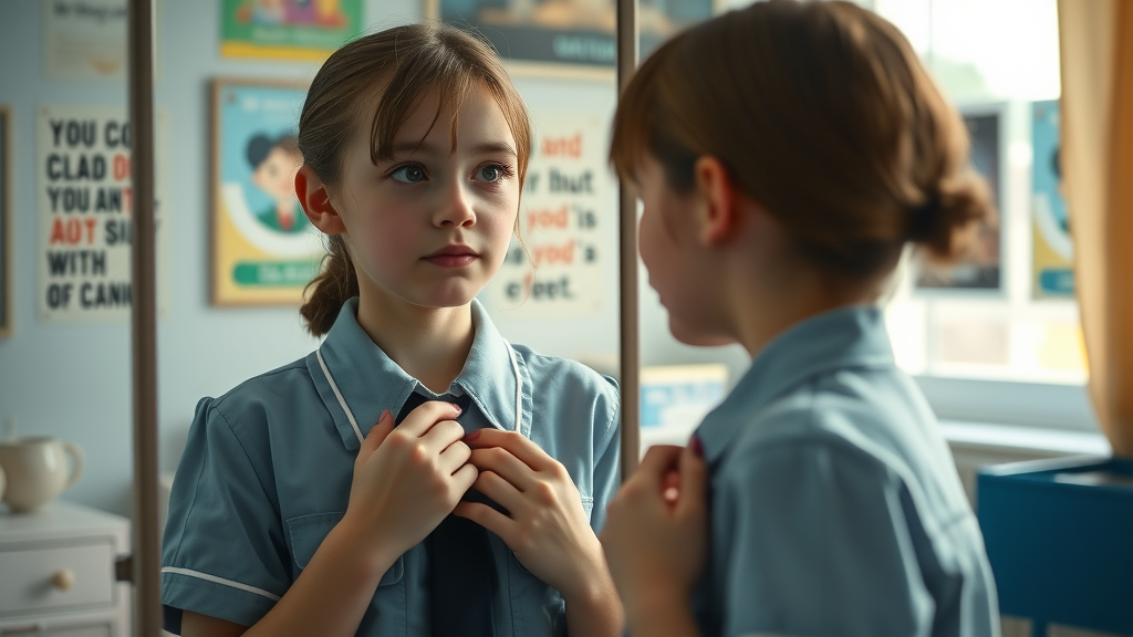 Adolescent girl in middle adolescence reflecting on identity, looking in mirror