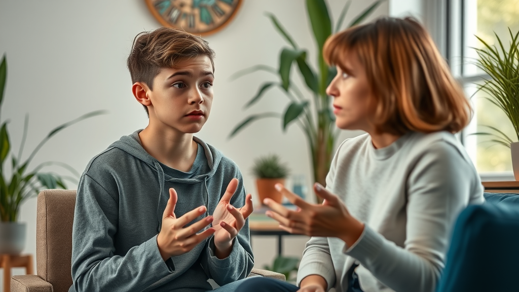 Concerned teen discussing mental health with a supportive counselor