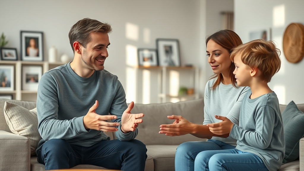 teen discipline strategies - confident parents discussing boundaries with their teenage son in a warm, modern living room, demonstrating open communication and clear rules.