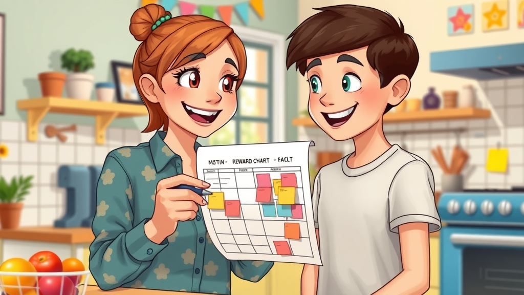 teen discipline strategies - proactive mother creating a colorful reward chart with her teenage son, showing positive parenting and reinforcing good behavior in a cheerful kitchen.