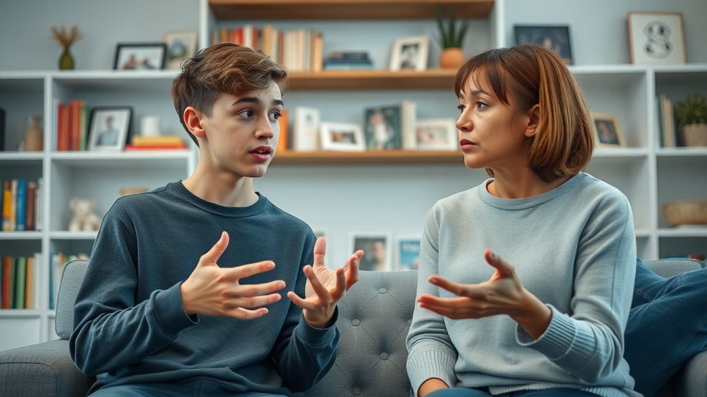 teen discipline strategies - curious teenage boy and empathetic parent having a thoughtful Q&A in a well-lit home office, symbolizing practical answers for parents.