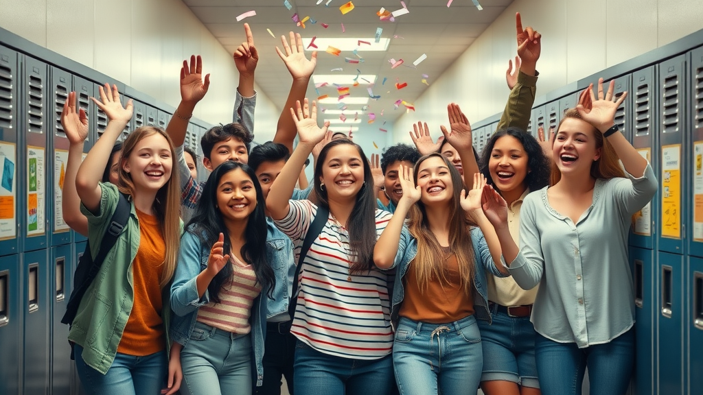positive reinforcement in adolescence - Diverse group of smiling adolescents celebrating success in a vibrant school corridor