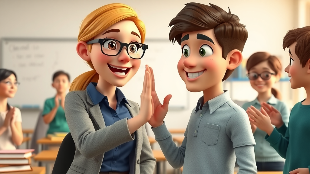positive reinforcement in adolescence - Empathetic teacher giving a high-five to a happy teen in a bright classroom