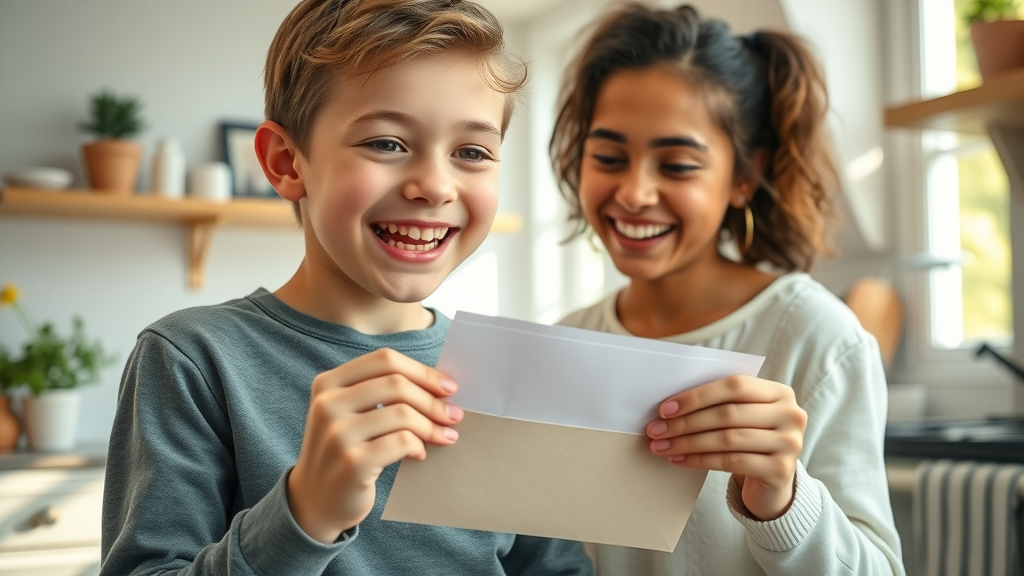 positive reinforcement in adolescence - Teenager receiving a tangible reward in a cheerful home kitchen setting