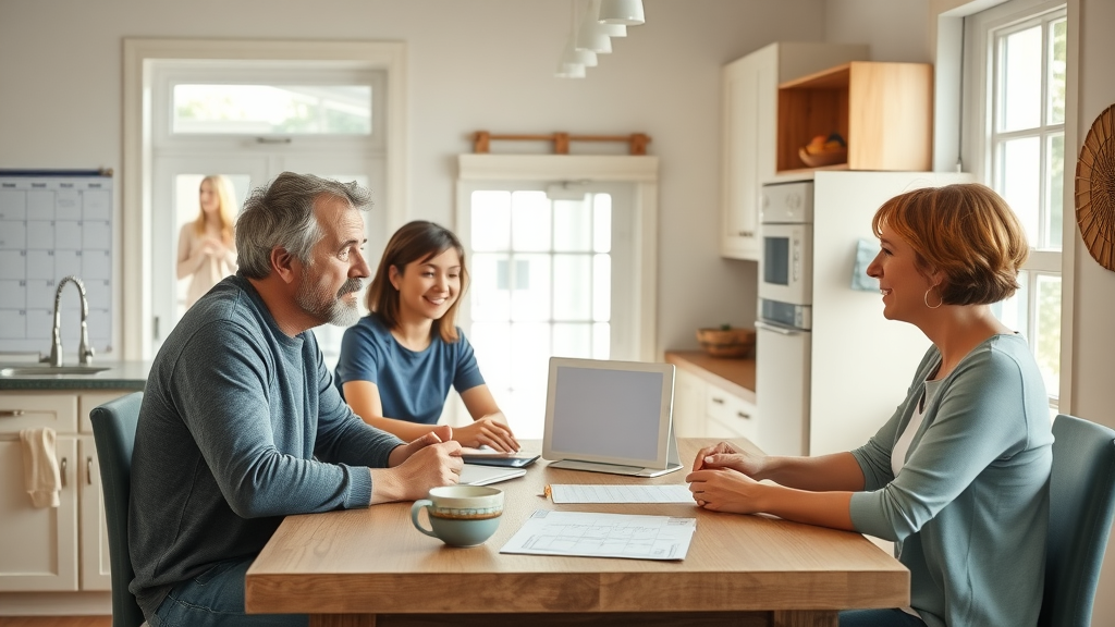 positive reinforcement in adolescence - Parents and teen discussing a chore chart at a kitchen table