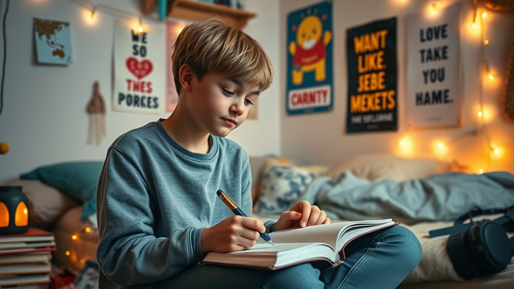 positive reinforcement in adolescence - Reflective teenager journaling positive experiences in a cozy bedroom