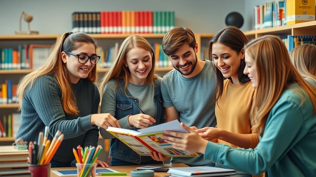 positive reinforcement in adolescence - Teens collaborating on a project in a vibrant school library