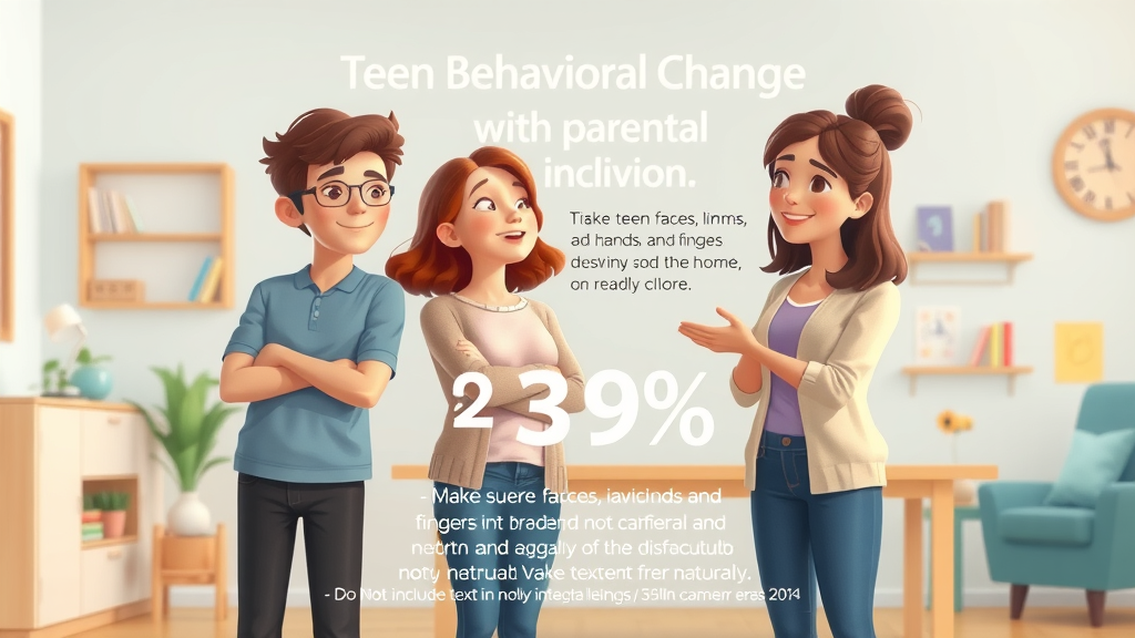 Infographic showing the impact of parental involvement on behavioral interventions for teens; cartoon of smiling teens and supportive parents with a pastel educational background and subtle chart elements