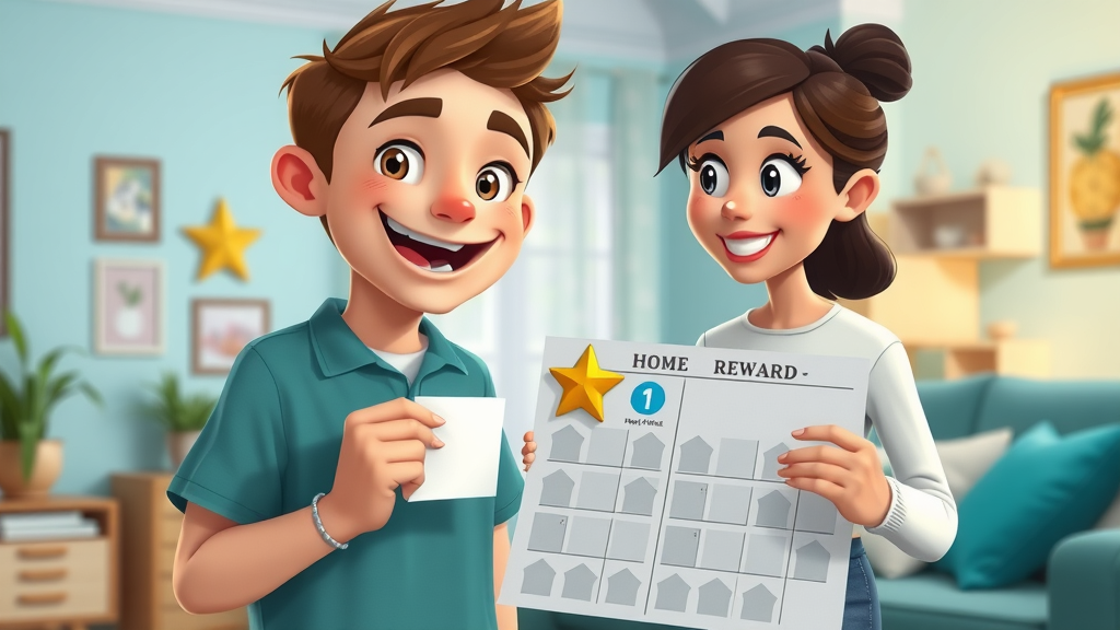Teen tags a reward star on a home reward chart system; parent looks on approvingly; bright and cheerful living room
