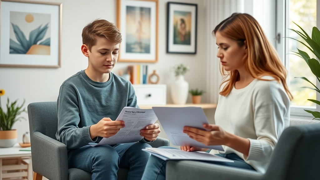 Teen and mental health therapist one-on-one session with worksheets for behavioral therapy and cognitive behavioral interventions