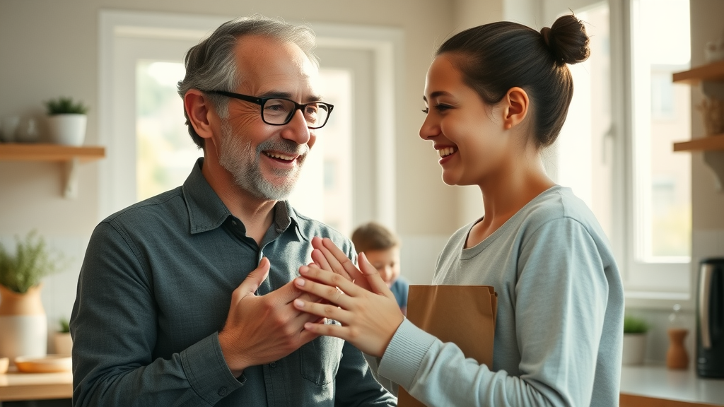 Supportive parent praising a happy teen in the family kitchen; natural, positive behavioral intervention using praise