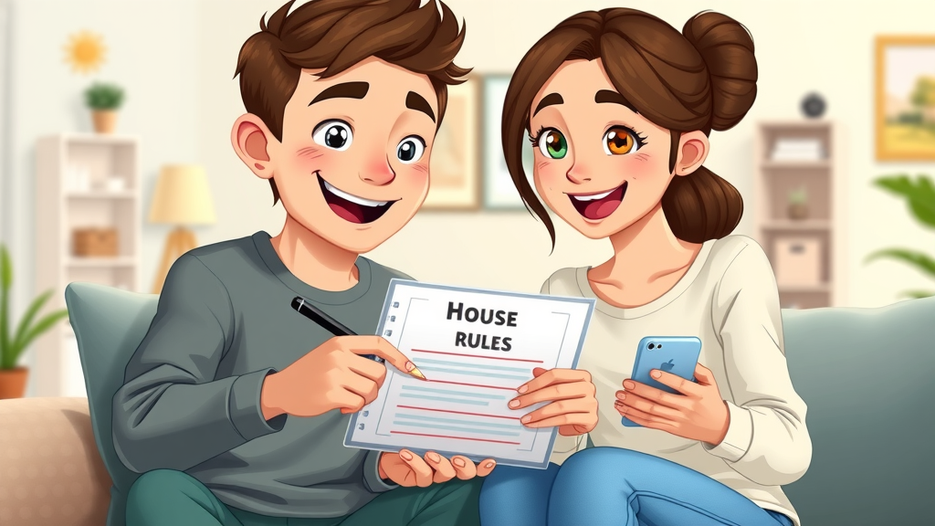 house rules for parenting teenagers: Parent and teen writing house rules together on a notepad with digital devices in view