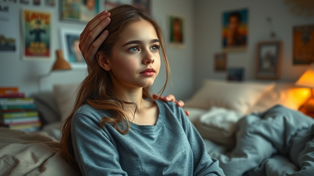 mental health parenting teens: Parent supporting a thoughtful teenager in a calm cozy bedroom