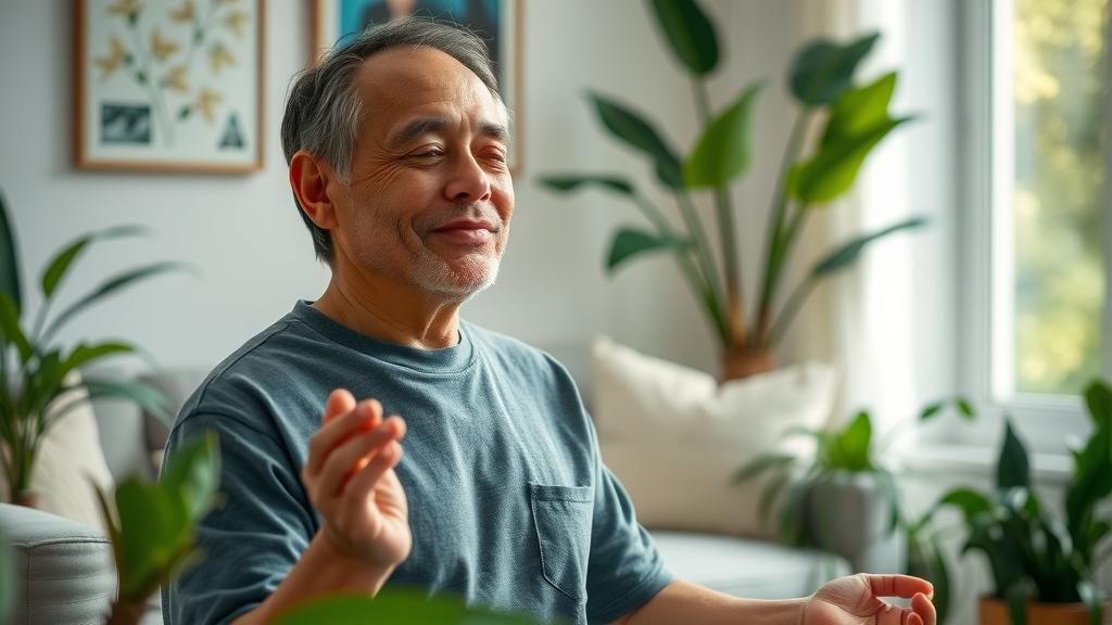 self-care parenting teens: Parent meditating or practicing yoga in a peaceful, naturally-lit home environment