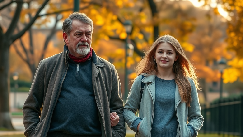 raising teens: Parent and teen walking together in respect and understanding through a city park in autumn