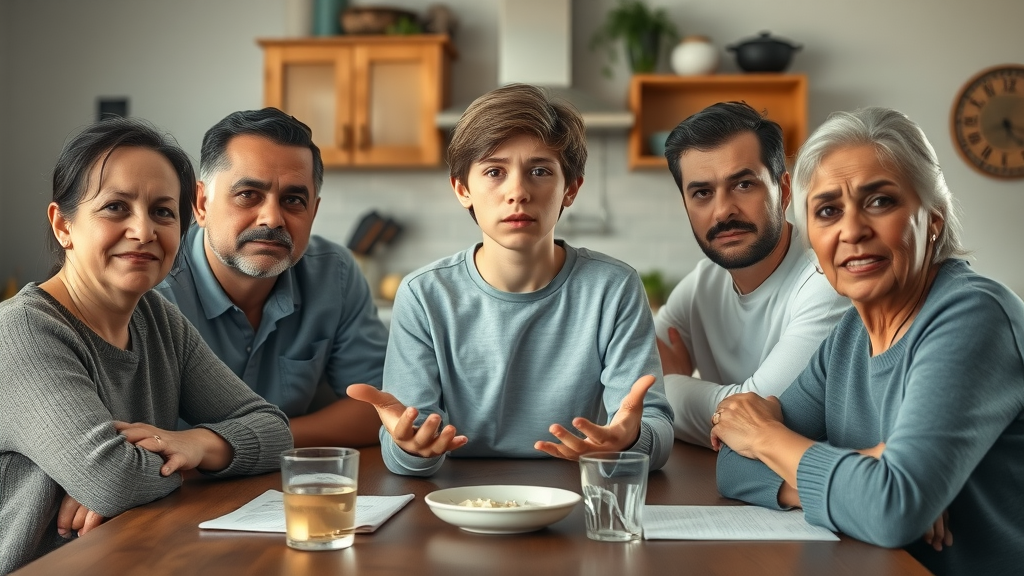 teen behavior management family discussion at kitchen table, parents expressing concern, supportive home environment