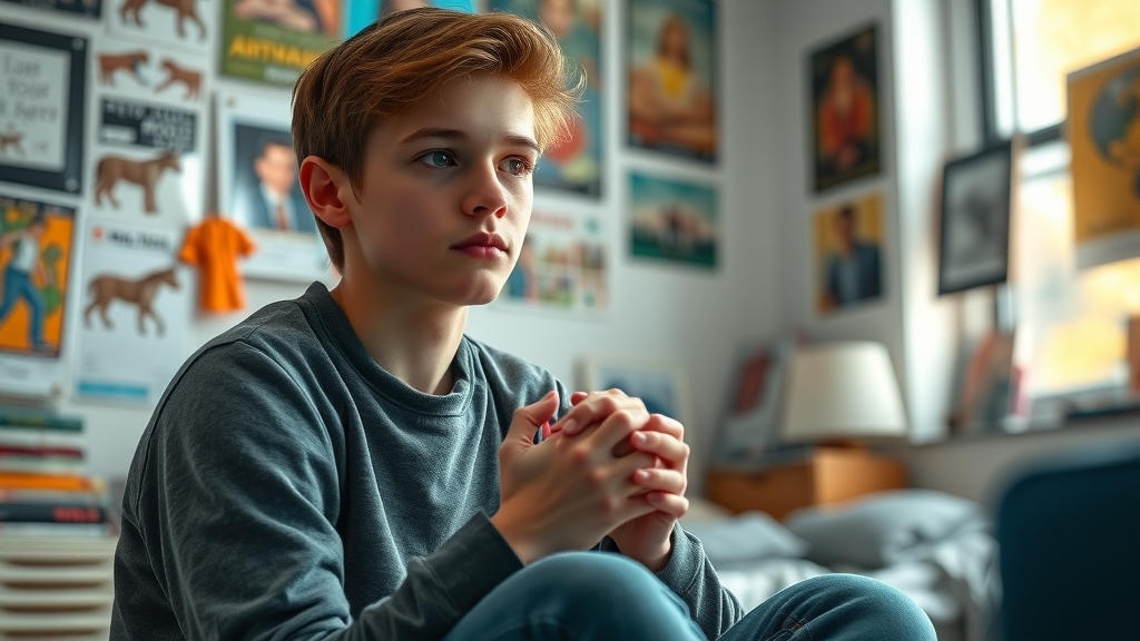 thoughtful teenage boy contemplating normal teenage behavior and challenges in his bedroom
