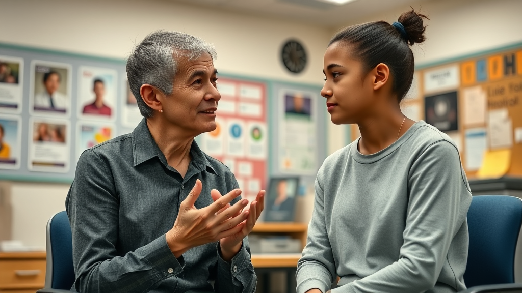 teen behavior management professional support: counselor meeting with teenager in a supportive office setting