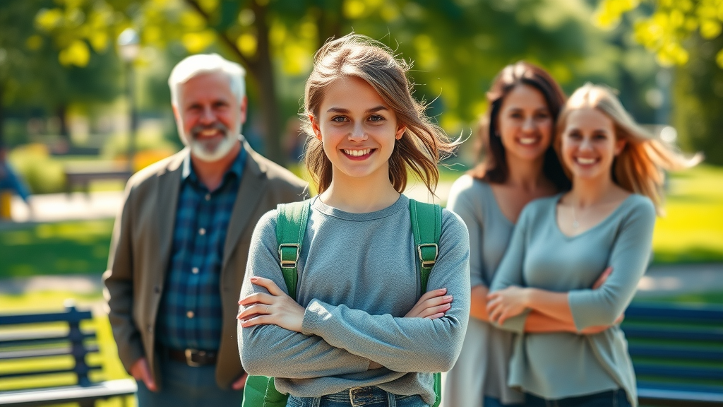 confident teenager showing resilience with supportive parents in a bright outdoor park