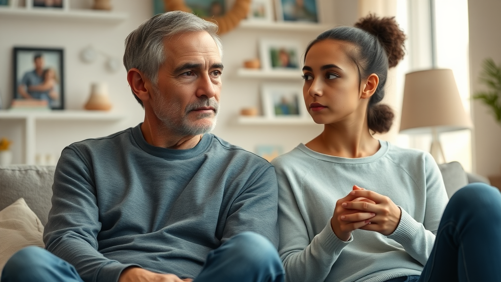 thoughtful parent and teenager engaged in calm discussion about discipline techniques for teens in a cozy home setting