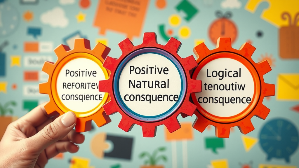 three gears representing natural consequences, logical consequences, and positive reinforcement as effective discipline techniques for teens