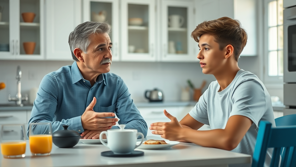confident parent calmly discussing house rules and boundaries with teenage boy to support good behavior and mental health