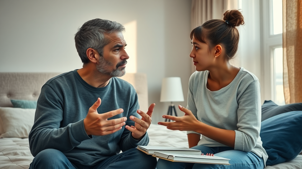empathetic parent and frustrated teenager practicing open communication and eye contact during discipline conversation