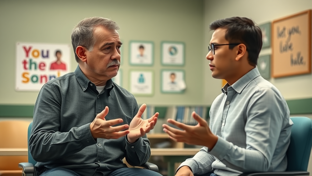 worried parent consulting a school counselor about a troubled teen