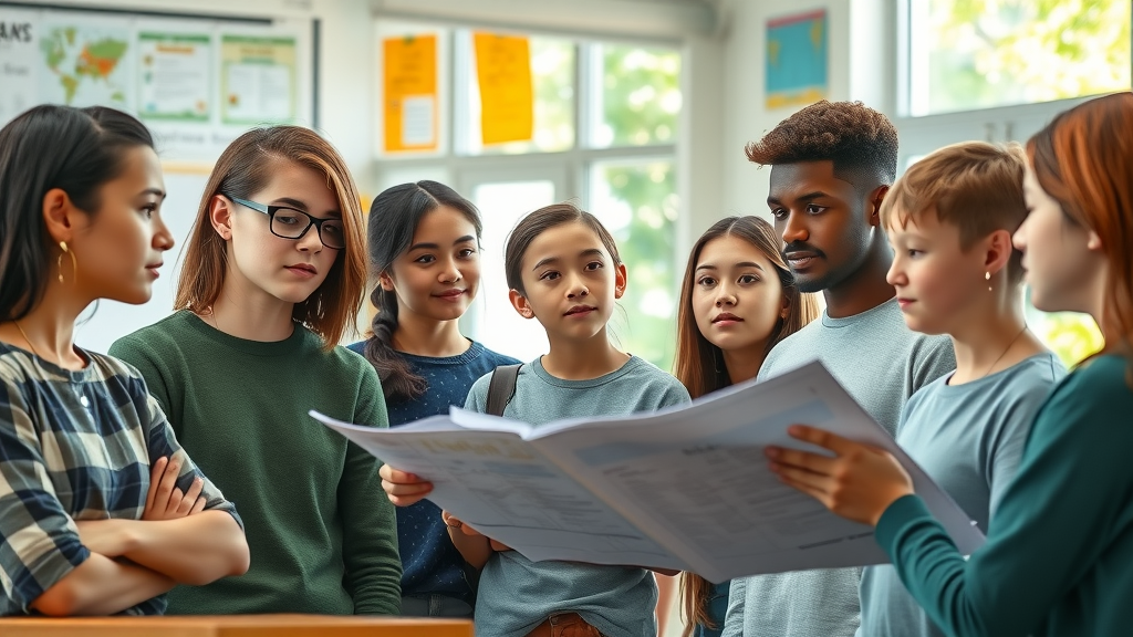 teen independence guidance - Insightful teenage students, thoughtful expressions, reviewing future plans together in a bright classroom with educational posters and outdoor greenery