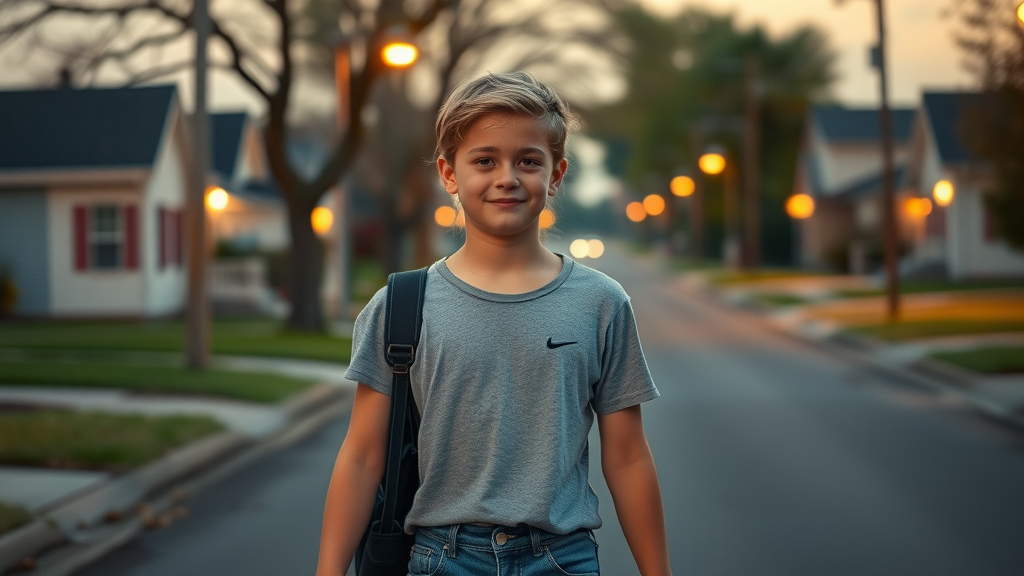 teen independence guidance - Confident teenager with hopeful expression walking confidently alone on a suburban street during golden hour