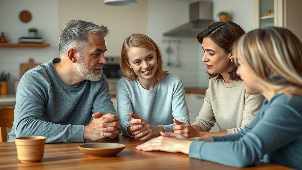 teen independence guidance - Caring parents and teen with gentle expressions discussing together at a kitchen table in a cozy home