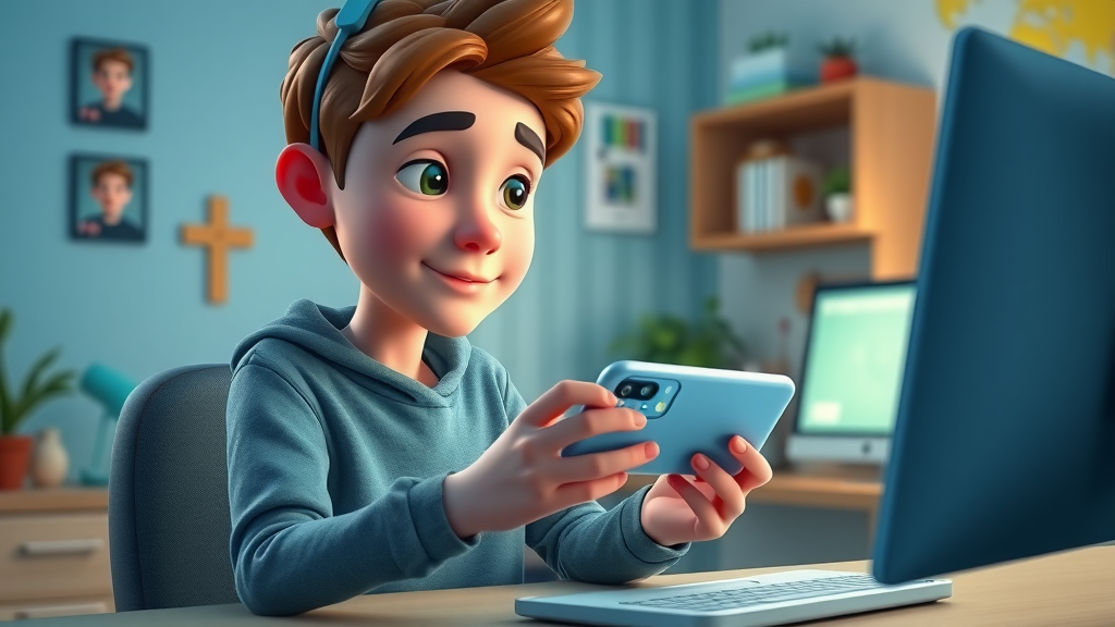 teen independence guidance - Teenager at desk focused and safely browsing social media on smartphone in a colorful modern bedroom