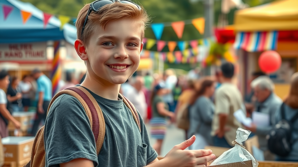 teen independence guidance - Motivated teenager volunteering proudly at a vibrant community event handing out supplies