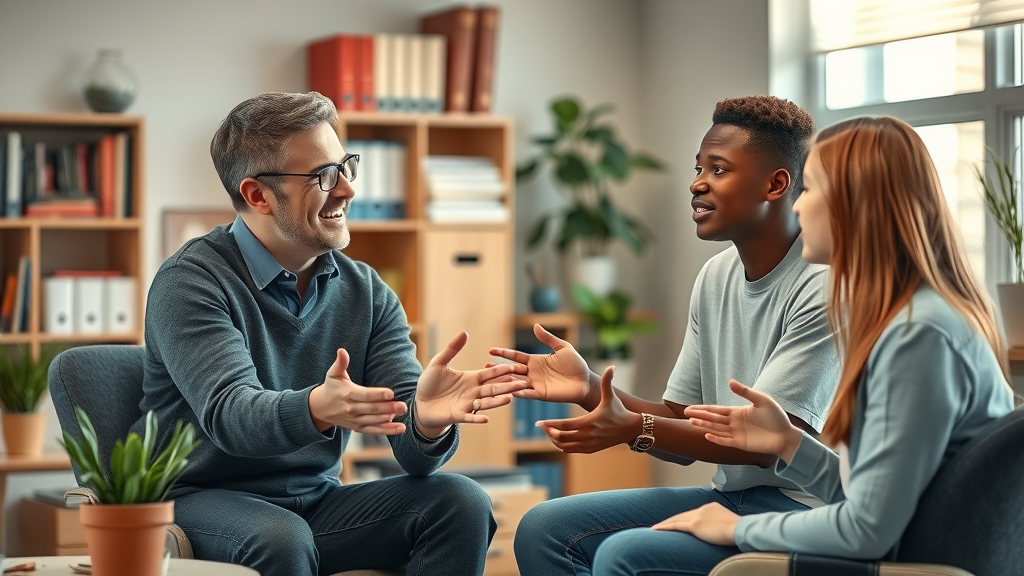 teen independence guidance - Supportive adults and teens resolving conflict together in a welcoming school counselor