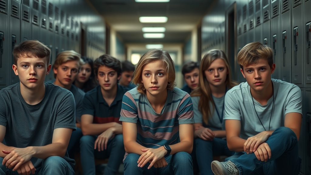 alarming teenage group, concerned expressions, sitting in dimly lit school hallway. Teen substance use risk. Photorealistic image with school lockers and scattered books.