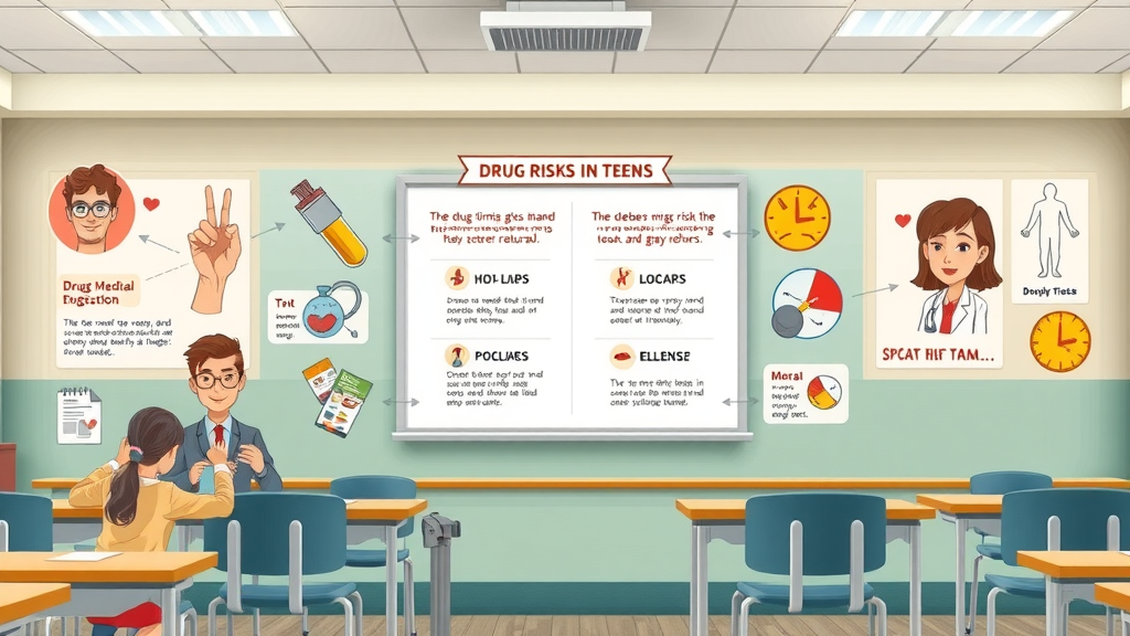educational infographic illustrating drug risks in teens. Adolescent substance use overview. Detailed icons in a classroom setting.